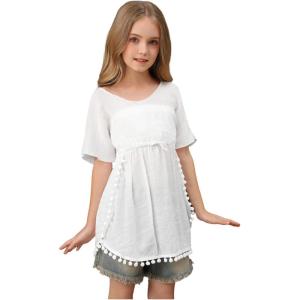 image:imageSOLY HUX Girls Short Sleeve Swimsuit Coverups Fringe Trim Swim Cover Up Beach Dress BeachwearPlain White