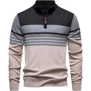 image:imageSOLY HUX Mens Long Sleeve Sweater Color Block Striped Quarter Zip Pullover Fall Knit TopsApricot Grey Multi