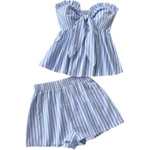 image:imageSOLY HUX Womens 2 Piece Outfits Striped Tie Knot Front Peplum Ruffle Tube Tops and Shorts Summer Vacation SetBlue and White Striped