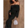 image:imageSOLY HUX Womens Off The Shoulder Long Sleeve Sweater Dress Party Formal Bodycon Maxi DressesPlain Black