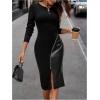 image:imageSOLY HUX Womens Patchwork Leather Zipper Dress Crew Neck Long Sleeve Split Hem Elegant Bodycon DressBlack