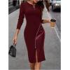 image:imageSOLY HUX Womens Patchwork Leather Zipper Dress Crew Neck Long Sleeve Split Hem Elegant Bodycon DressSolid Burgundy