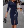 image:imageSOLY HUX Womens Patchwork Leather Zipper Dress Crew Neck Long Sleeve Split Hem Elegant Bodycon DressSolid Dark Blue