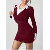 image:imageSOLY HUX Womens Y2k Long Sleeve Mini Dress Collared Bodycon Going Out Party DressesBurgundy and White