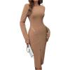 image:imageSOLY HUX Womens Patchwork Leather Zipper Dress Crew Neck Long Sleeve Split Hem Elegant Bodycon DressSolid Brown