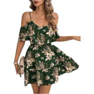 image:imageSOLY HUX Womens Boho Floral Print Cold Shoulder Dress Short Sleeve Ruffle A Line Vacation Elegant Mini DressesArmy Green