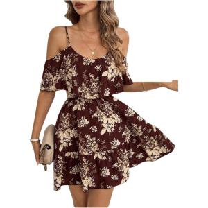 image:imageSOLY HUX Womens Boho Floral Print Cold Shoulder Dress Short Sleeve Ruffle A Line Vacation Elegant Mini DressesBurgundy Flower