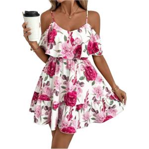 image:imageSOLY HUX Womens Boho Floral Print Cold Shoulder Dress Short Sleeve Ruffle A Line Vacation Elegant Mini DressesMulticolor Floral Print