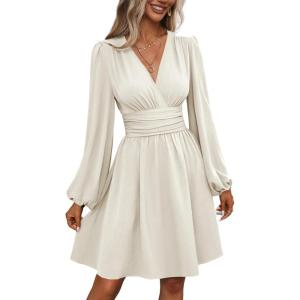 image:imageSOLY HUX Womens Elegant Dress V Neck Long Sleeve High Waist Swing Prom Cocktail Short DressesPlain Apricot