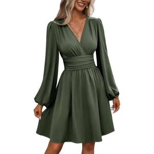 image:imageSOLY HUX Womens Elegant Dress V Neck Long Sleeve High Waist Swing Prom Cocktail Short DressesPlain Green