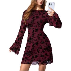 image:imageSOLY HUX Womens Floral Sexy Mesh Mini Dress Bell Long Sleeve Bodycon Going Out DressesBurgundy Floral Print