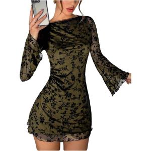 image:imageSOLY HUX Womens Floral Sexy Mesh Mini Dress Bell Long Sleeve Bodycon Going Out DressesGreen Floral