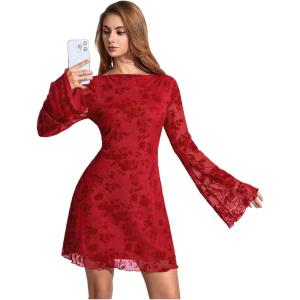 image:imageSOLY HUX Womens Floral Sexy Mesh Mini Dress Bell Long Sleeve Bodycon Going Out DressesRed Floral