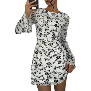 image:imageSOLY HUX Womens Floral Sexy Mesh Mini Dress Bell Long Sleeve Bodycon Going Out DressesWhite Floral