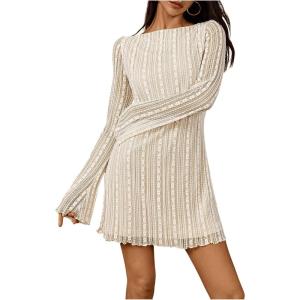 image:imageSOLY HUX Womens Lace Mini Dress Boat Neck Long Sleeve Lettuce Trim Bodycon DressesPure Apricot