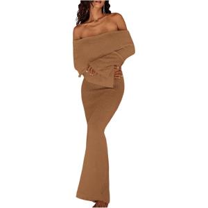 image:imageSOLY HUX Womens Off The Shoulder Long Sleeve Sweater Dress Party Formal Bodycon Maxi DressesDeep Khaki