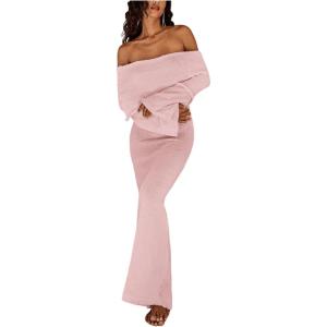 image:imageSOLY HUX Womens Off The Shoulder Long Sleeve Sweater Dress Party Formal Bodycon Maxi DressesLight Pink