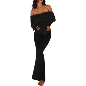 image:imageSOLY HUX Womens Off The Shoulder Long Sleeve Sweater Dress Party Formal Bodycon Maxi DressesPlain Black