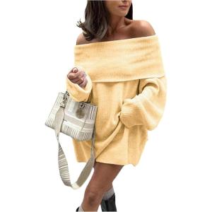 image:imageSOLY HUX Womens Off The Shoulder Sweater Dress Long Sleeve Knit Loose Mini DressesPure Light Yellow