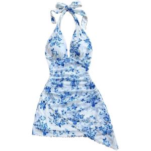 image:imageSOLY HUX Womens Sexy Tie Dye Print Halter V Neck Mini Dress Retro Backless Fitted Bodycon DressesBlue and White