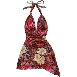 image:imageSOLY HUX Womens Sexy Tie Dye Print Halter V Neck Mini Dress Retro Backless Fitted Bodycon DressesBurgundy Leopard
