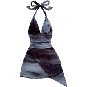 image:imageSOLY HUX Womens Sexy Tie Dye Print Halter V Neck Mini Dress Retro Backless Fitted Bodycon DressesGrey Multi