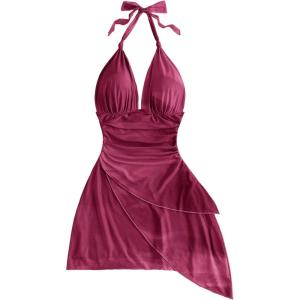 image:imageSOLY HUX Womens Sexy Tie Dye Print Halter V Neck Mini Dress Retro Backless Fitted Bodycon DressesHot Pink