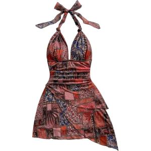 image:imageSOLY HUX Womens Sexy Tie Dye Print Halter V Neck Mini Dress Retro Backless Fitted Bodycon DressesRed Multi