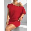 image:imageSOLY HUX Womens Off The Shoulder Mini Dress Going Out Asymmetrical Neck Short Sleeve Casual Bodycon T Shirt DressesPlain Red