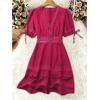 image:imageSOLY HUX Womens Summer Dress Hollow Out Lace V Neck Puff Short Sleeve A Line Layered Short DressesPlain Red Violet