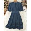 image:imageSOLY HUX Womens Summer Dress Hollow Out Lace V Neck Puff Short Sleeve A Line Layered Short DressesPure Dusty Blue
