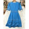 image:imageSOLY HUX Womens Summer Dress Hollow Out Lace V Neck Puff Short Sleeve A Line Layered Short DressesSolid Blue