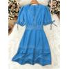 image:imageSOLY HUX Womens Summer Dress Hollow Out Lace V Neck Puff Short Sleeve A Line Layered Short DressesSolid Blue