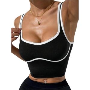 image:imageSOLY HUX Womens Athletic Tops Scoop Neck Sleeveless Contrast Binding Workout Yoga Crop Tank TopBlack and White