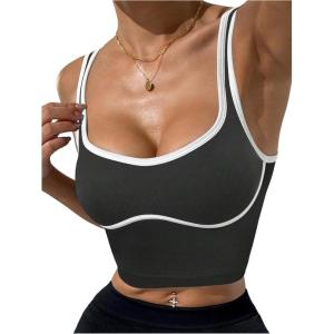 image:imageSOLY HUX Womens Athletic Tops Scoop Neck Sleeveless Contrast Binding Workout Yoga Crop Tank TopDark Grey