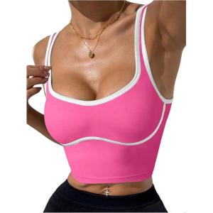 image:imageSOLY HUX Womens Athletic Tops Scoop Neck Sleeveless Contrast Binding Workout Yoga Crop Tank TopHotpink and White
