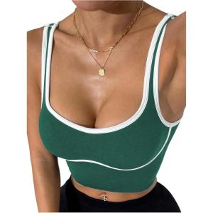 image:imageSOLY HUX Womens Athletic Tops Scoop Neck Sleeveless Contrast Binding Workout Yoga Crop Tank TopPlain Dark Green