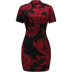 image:imageSOLY HUX Womens Cheongsam Dress Chinese Traditional Dragon Print Qipao Bodycon Mini DressBlack Red Dragon