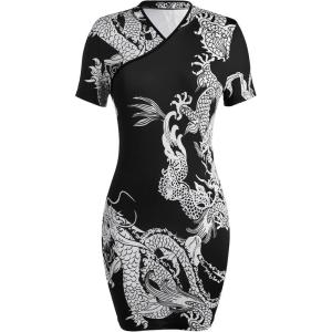 image:imageSOLY HUX Womens Cheongsam Dress Chinese Traditional Dragon Print Qipao Bodycon Mini DressBlack White Dargon