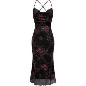 image:imageSOLY HUX Womens Floral Mesh Bodycon Cami Dress Cowl Neck Sleeveless Cocktail Party Wedding Guest Long Maxi DressesBlack Flower Print