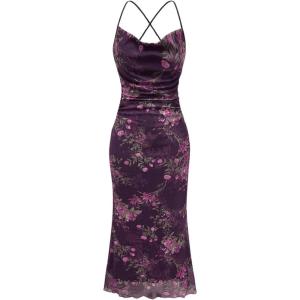 image:imageSOLY HUX Womens Floral Mesh Bodycon Cami Dress Cowl Neck Sleeveless Cocktail Party Wedding Guest Long Maxi DressesPurple Floral Printed
