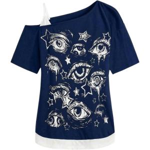 image:imageSOLY HUX Womens Gothic Grunge Cold Shoulder Short Sleeve T Shirts 2 in 1 Asymmetrical Tee TopsDark Blue