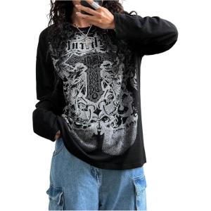 image:imageSOLY HUX Womens Gothic Oversized Tops Long Sleeve Crew Neck Graphic Tee Shirts Y2k Grunge ClothesBlack White Graphic