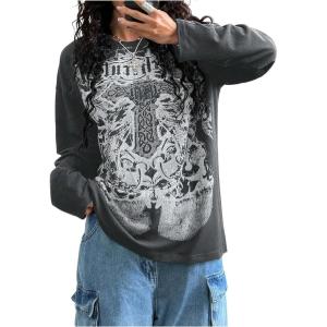 image:imageSOLY HUX Womens Gothic Oversized Tops Long Sleeve Crew Neck Graphic Tee Shirts Y2k Grunge ClothesDark Grey