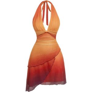 image:imageSOLY HUX Womens Halter Mini Dress Flowy Backless Deep V Neck Summer Casual Beach DressesOrange Multi
