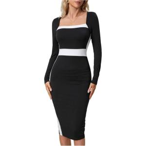 image:imageSOLY HUX Womens Midi Dress Color Block Square Neck Long Sleeve Bodycon DressesBlack and White Colorblock
