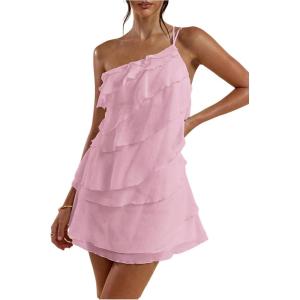 image:imageSOLY HUX Womens Mini Dress One Shoulder Ruffle Mesh Dresses Layered Backless Vacation Party SundressesLight Pink