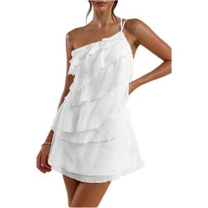 image:imageSOLY HUX Womens Mini Dress One Shoulder Ruffle Mesh Dresses Layered Backless Vacation Party SundressesPlain White