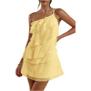 image:imageSOLY HUX Womens Mini Dress One Shoulder Ruffle Mesh Dresses Layered Backless Vacation Party SundressesPlain Yellow