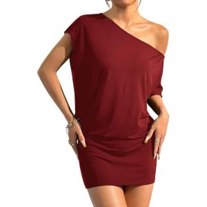 image:imageSOLY HUX Womens Off The Shoulder Mini Dress Going Out Asymmetrical Neck Short Sleeve Casual Bodycon T Shirt DressesPlain Burgundy